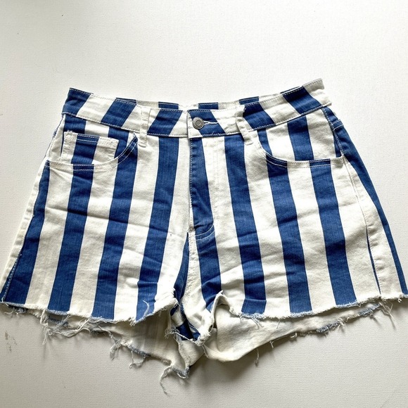 Saints & Hearts Pants - Saints & Hearts Striped Denim Shorts Women's 10 Blue White Distressed Cutoff